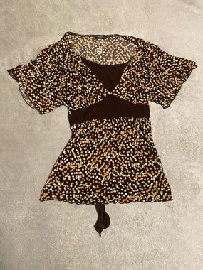 Cocomo Brown Polka Dot Flutter Sleeve Tunic with Yellow & White Spots